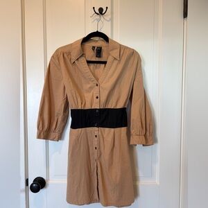 Bisou Bisou Tan Mini Dress with Gold Striping